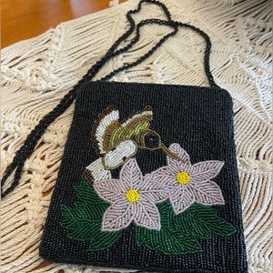Beaded Enro Crossbody purse. Boho vibes. Black w purple flowers +hummingbird.